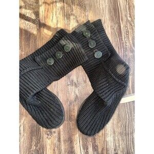 UGG Classic Cardy II Flat Boots Black Knit UGG-pure Sock-liner Buttons Size 8